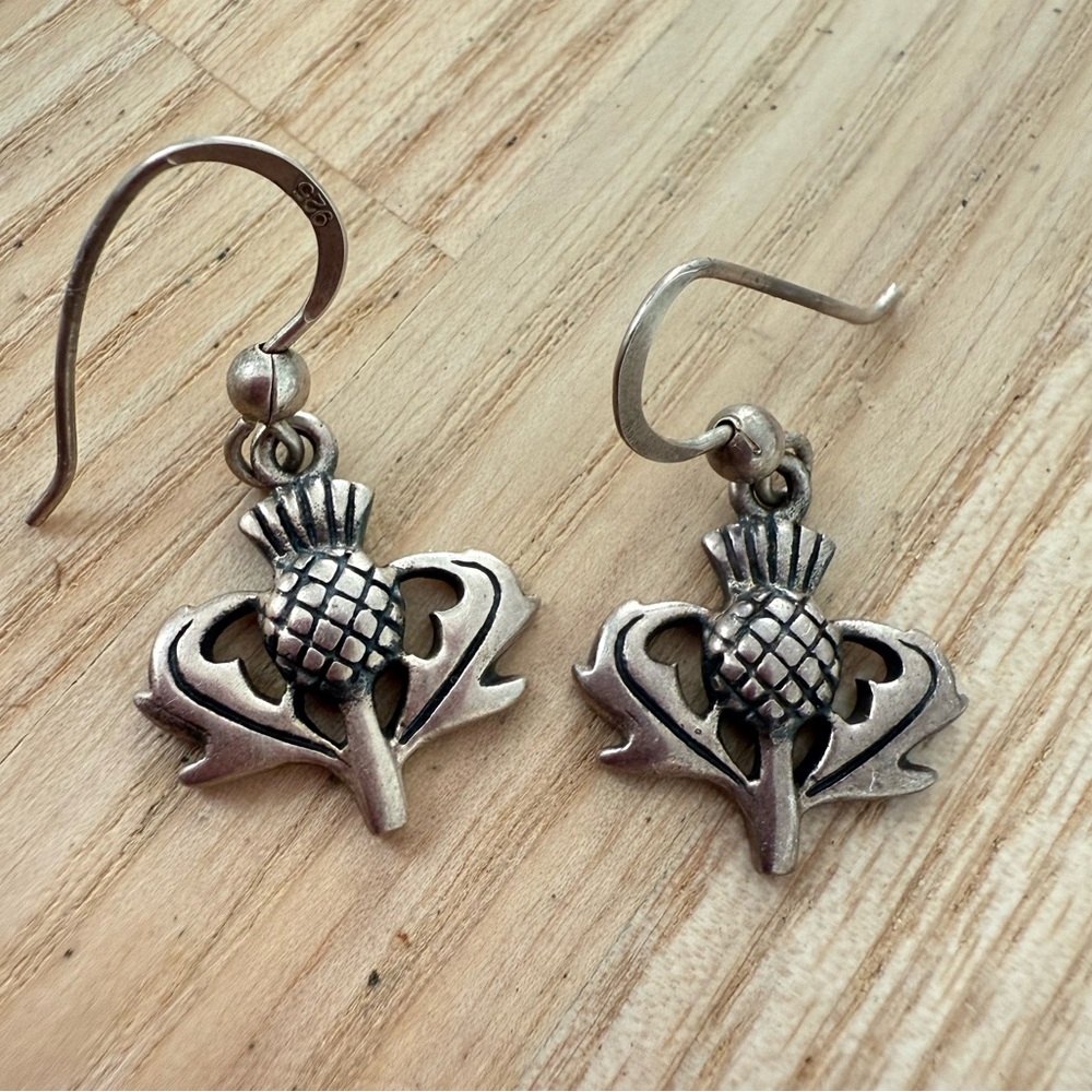 925 Sterling silver Scottish thistle earrings on hooks
